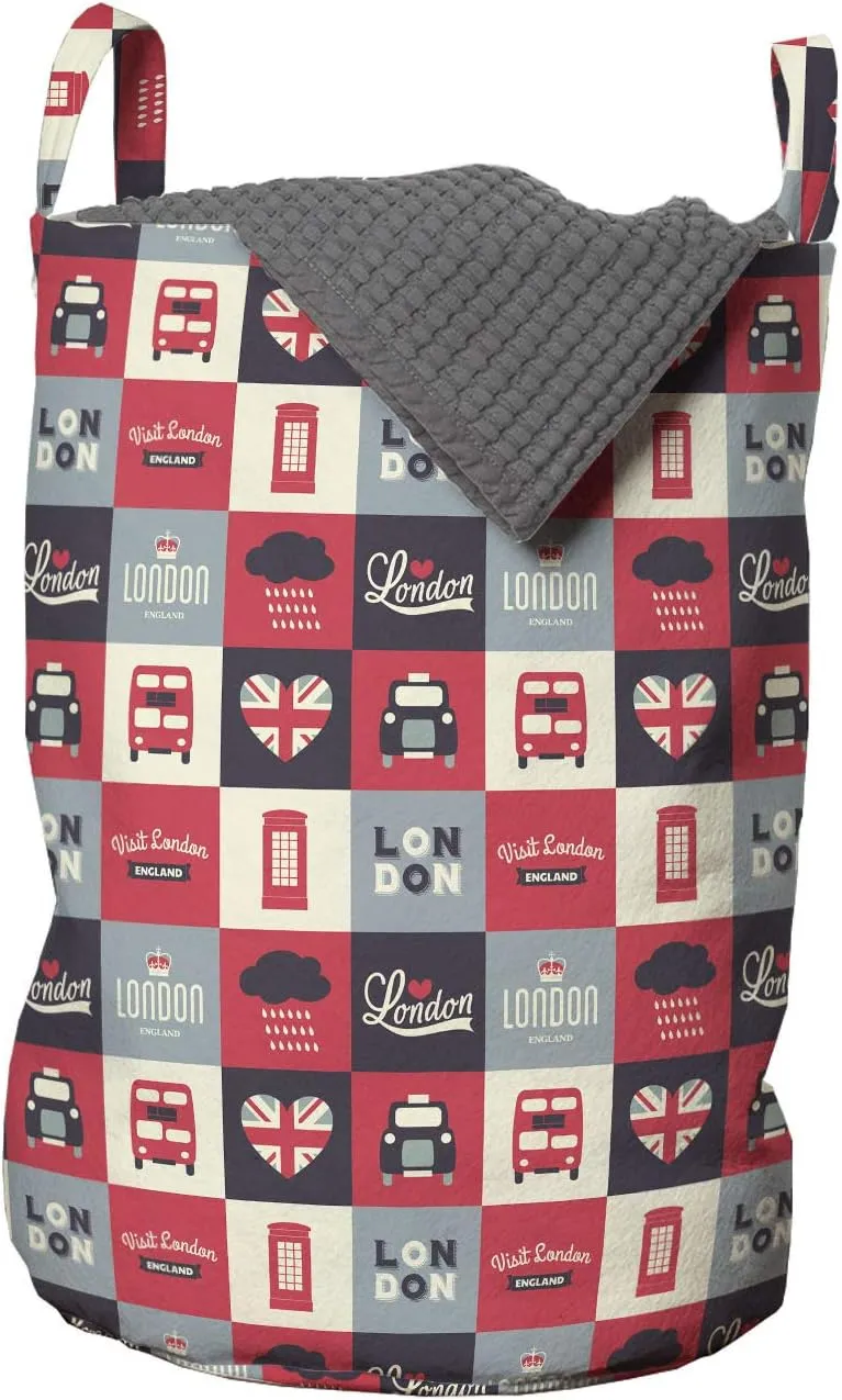 Ambesonne London Laundry Bag, Retro Traditional London in Squares United Kingdom Europe Travel Vacation, Hamper Basket with Handles Drawstring Closure for Laundromats, 13" x 19", Multicolor