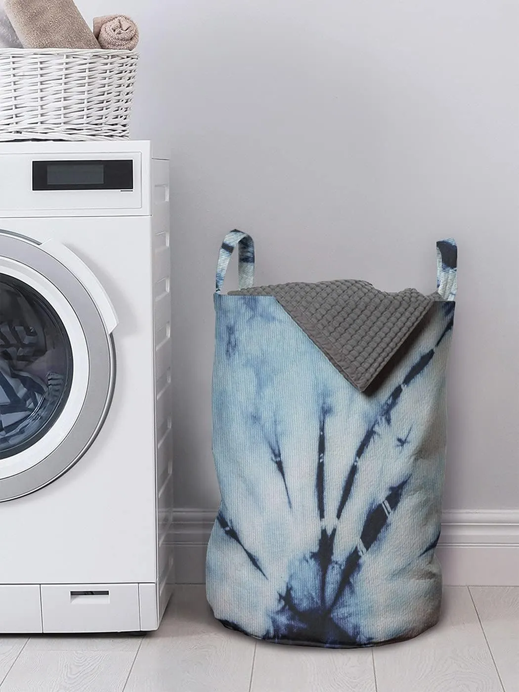 Ambesonne Modern Laundry Bag, Abstract Tie Dye Like Pattern Japanese Shibori Illustration, Hamper Basket with Handle Drawstring Closure for Laundromats, 13" x 19", Pale Blue Dark Night Blue