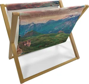 Ambesonne Mountain Magazine and Book Holder, Summer Morning of Grossglockner High Alpine Road Austrian Dramatic Sunset, Floor Rack Organizer for Office Home and School, 22"x19", Coral Teal Green