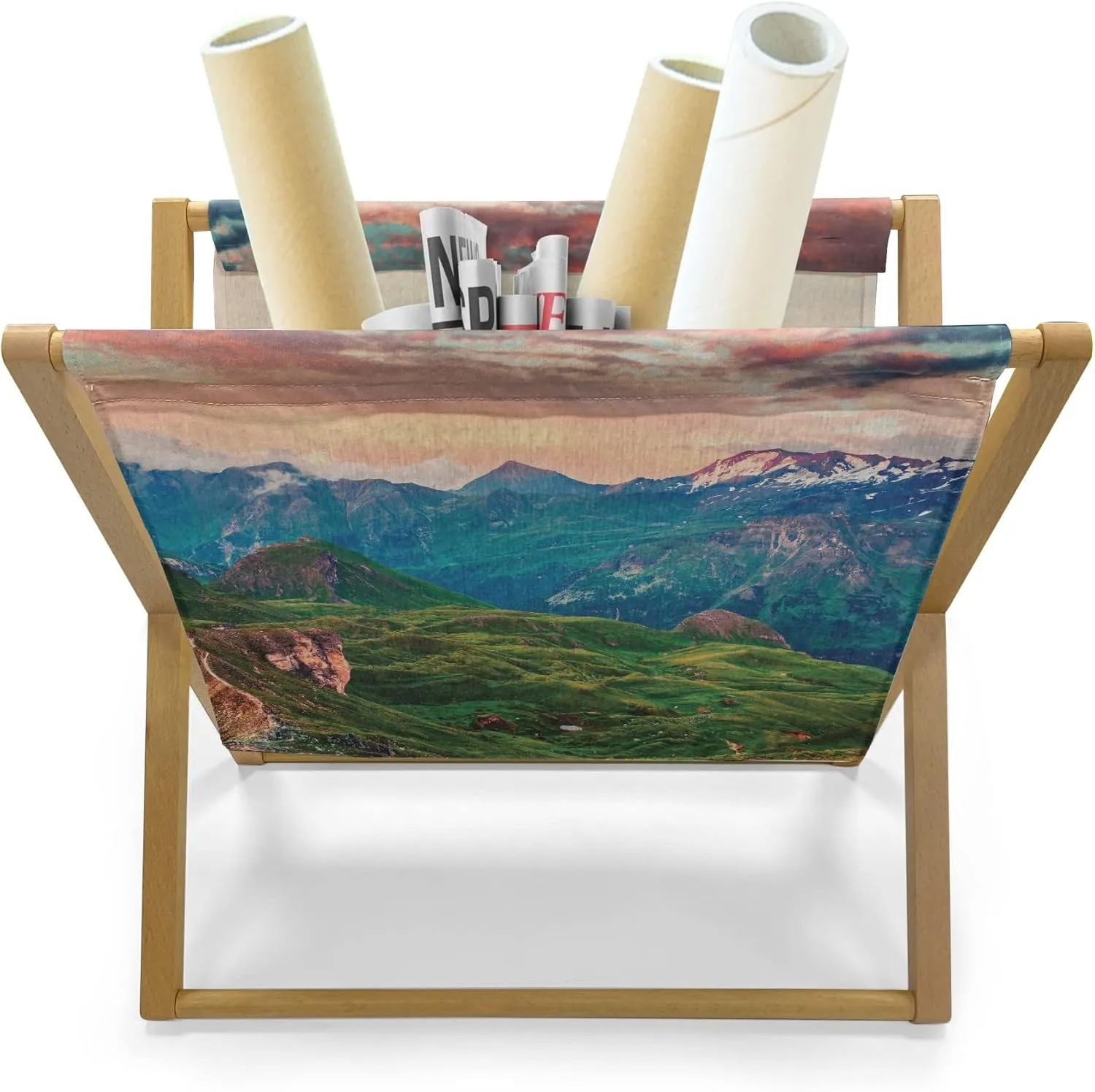 Ambesonne Mountain Magazine and Book Holder, Summer Morning of Grossglockner High Alpine Road Austrian Dramatic Sunset, Floor Rack Organizer for Office Home and School, 22"x19", Coral Teal Green