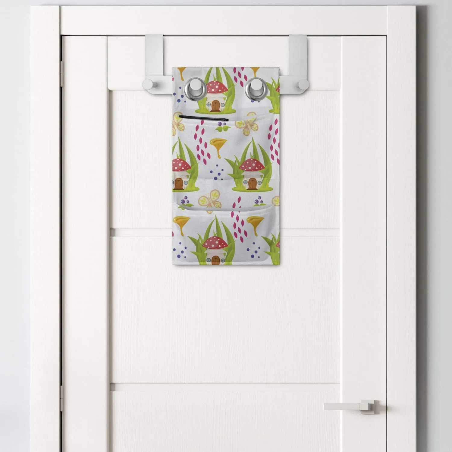 Ambesonne Mushroom Hanging Pocket Organizer, Spring Forest Toadstool House Pattern Fictional Image Art, Printed Polyester Storage Bag with Pockets, 9" x 16", Multicolor