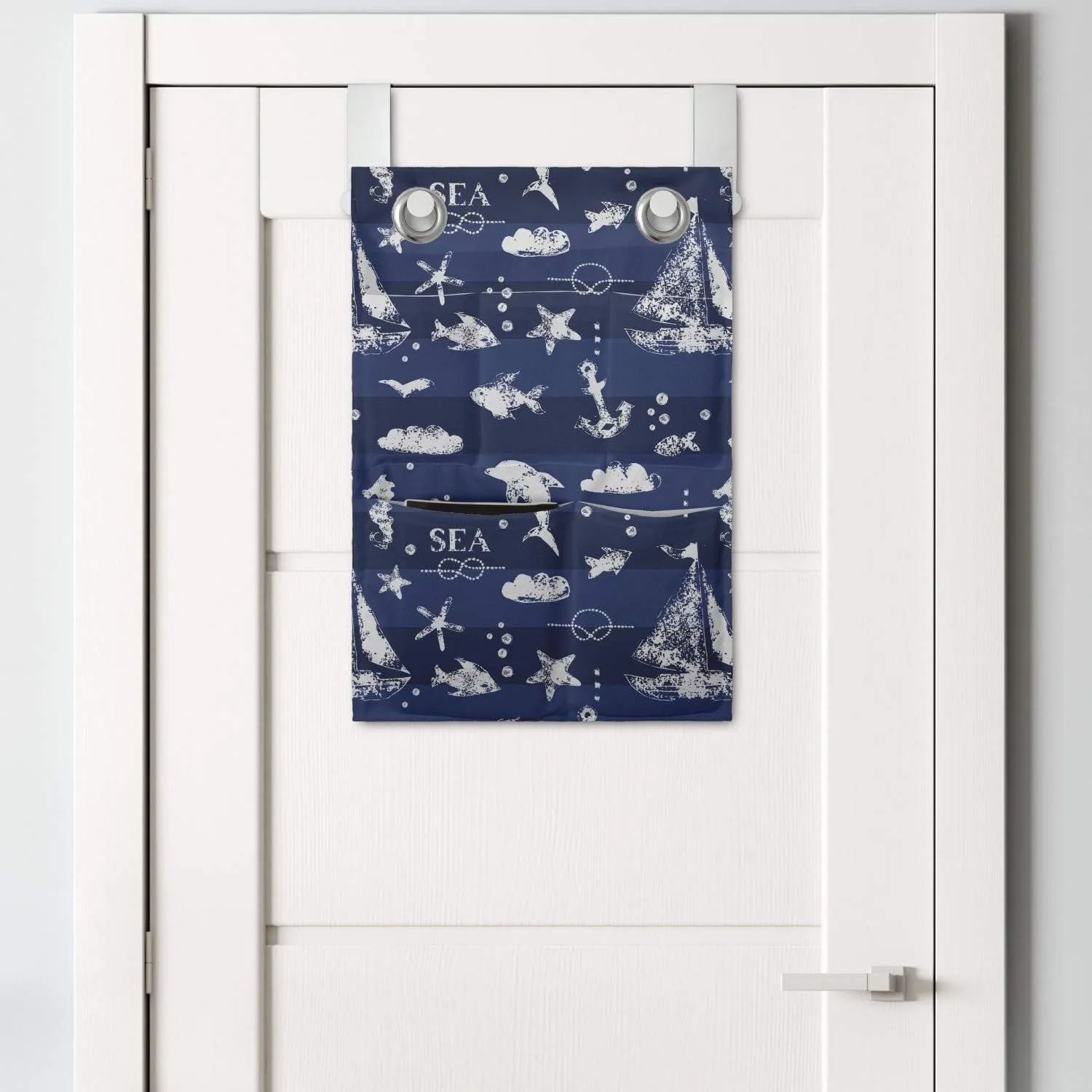 Ambesonne Navy Blue Hanging Pocket Organizer, Sailboat Vertical Stripe Pattern Anchor Fishes Gulls Paint Effect Nautical Theme, Printed Polyester Storage Bag with Pockets, 14" x 20", Blue White