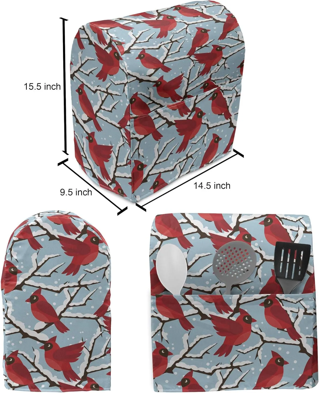 Ambesonne Northwoods Stand Mixer Cover, Cardinal Birds Perching Snow Covered Tree Branches Winter, Kitchen Appliance Organizer Bag Cover with a Pocket, 6-8 Quarts, Vermilion Pale Blue