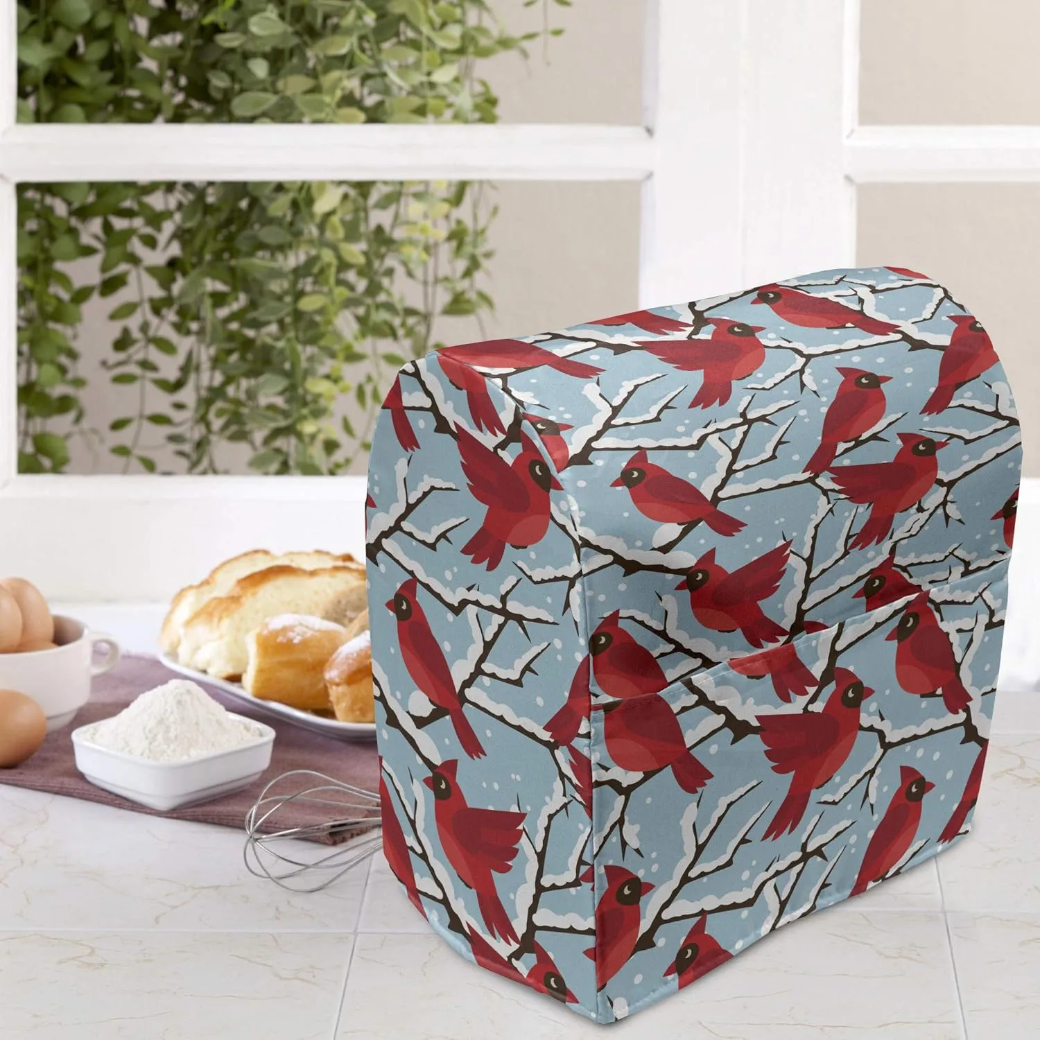 Ambesonne Northwoods Stand Mixer Cover, Cardinal Birds Perching Snow Covered Tree Branches Winter, Kitchen Appliance Organizer Bag Cover with a Pocket, 6-8 Quarts, Vermilion Pale Blue
