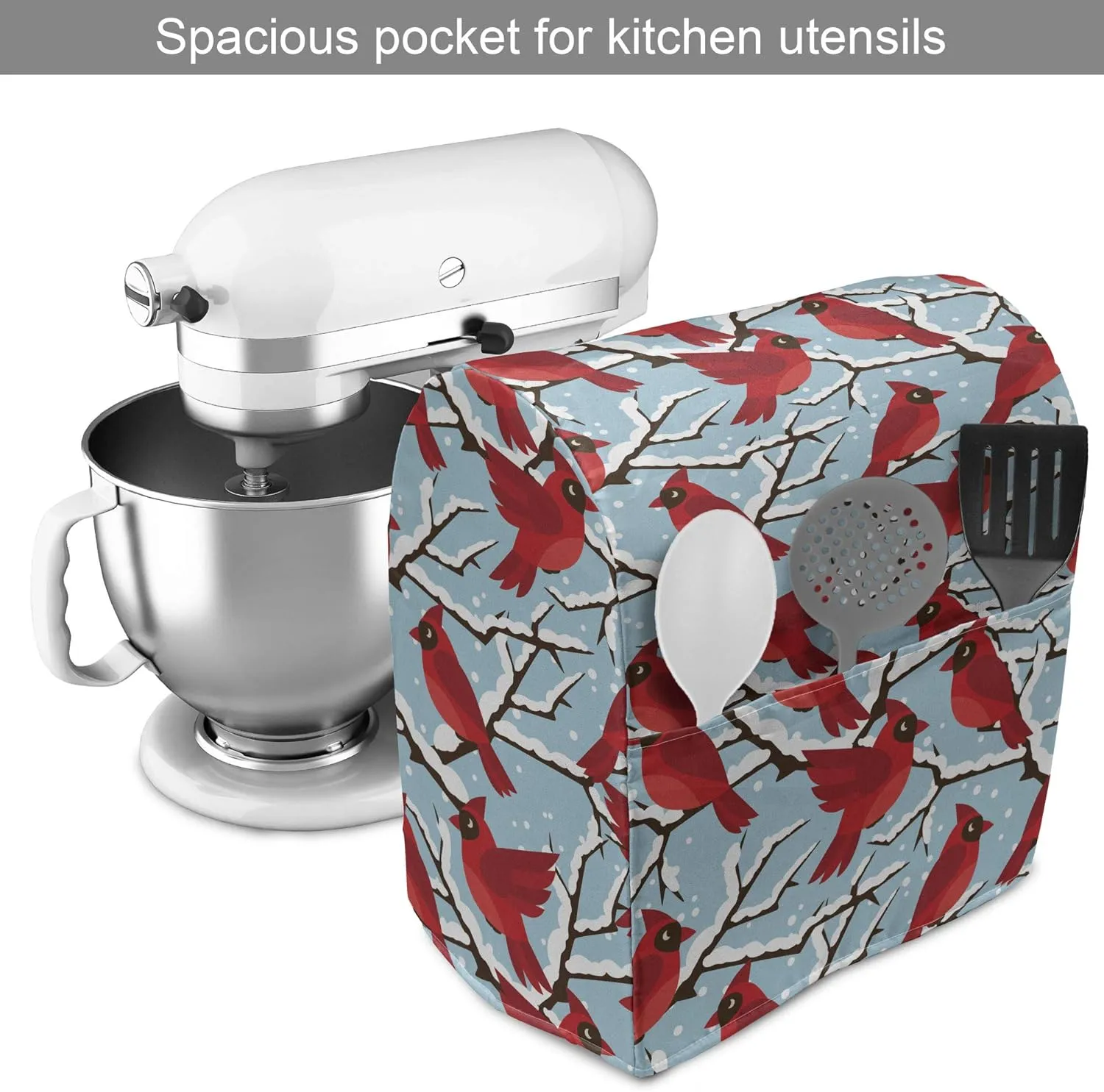 Ambesonne Northwoods Stand Mixer Cover, Cardinal Birds Perching Snow Covered Tree Branches Winter, Kitchen Appliance Organizer Bag Cover with a Pocket, 6-8 Quarts, Vermilion Pale Blue