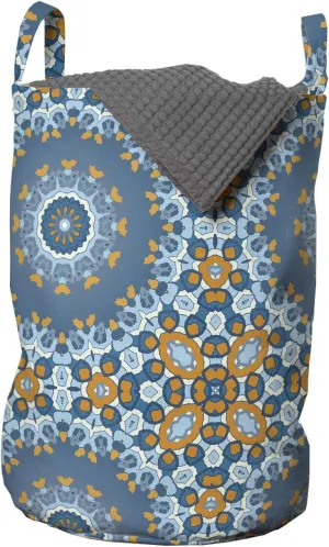 Ambesonne Orange Mandala Laundry Bag, Flourish Oriental Fractal Inspired Ornament Eastern Culture, Hamper Basket with Handles Drawstring Closure for Laundromats, 13" x 19", Slate Blue and Marigold