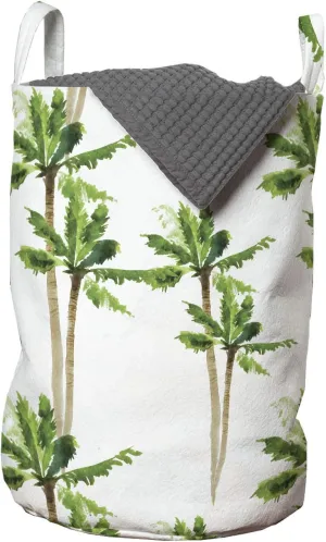Ambesonne Palm Tree Laundry Bag, Watercolor Style Forest Pattern of Coconut Trees Growth Ecology, Hamper Basket with Handles Drawstring Closure for Laundromats, 13" x 19", Green Cocoa and White