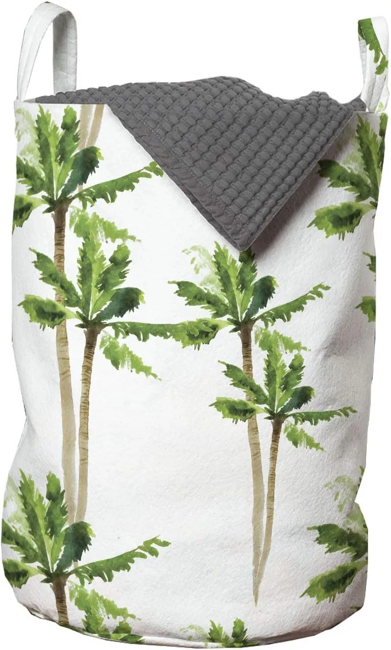 Ambesonne Palm Tree Laundry Bag, Watercolor Style Forest Pattern of Coconut Trees Growth Ecology, Hamper Basket with Handles Drawstring Closure for Laundromats, 13" x 19", Green Cocoa and White