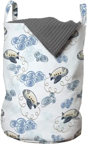 Ambesonne Plane Laundry Bag, Hand Drawn Airplanes and Clouds in The Sky, Hamper Basket with Handles Drawstring Closure for Laundromats, 13" x 19", Dark Blue Grey Eggshell