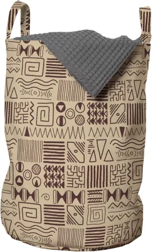 Ambesonne Prehistoric Art Laundry Bag, Rhythmic Ethnic Tribal Pattern of Triangle and Zigzag Motifs in Earth Tones, Hamper Basket with Handles Drawstring Closure for Laundromats, 13" x 19", Ecru Brown