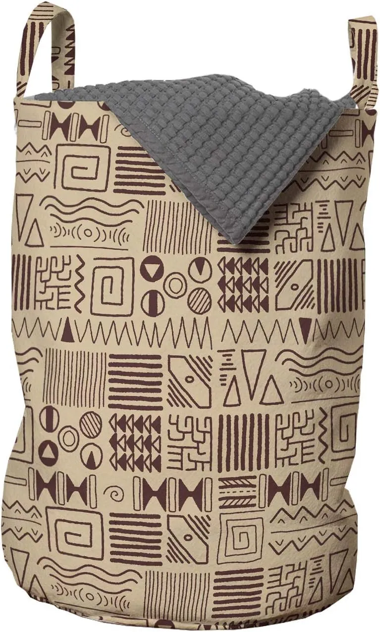 Ambesonne Prehistoric Art Laundry Bag, Rhythmic Ethnic Tribal Pattern of Triangle and Zigzag Motifs in Earth Tones, Hamper Basket with Handles Drawstring Closure for Laundromats, 13" x 19", Ecru Brown