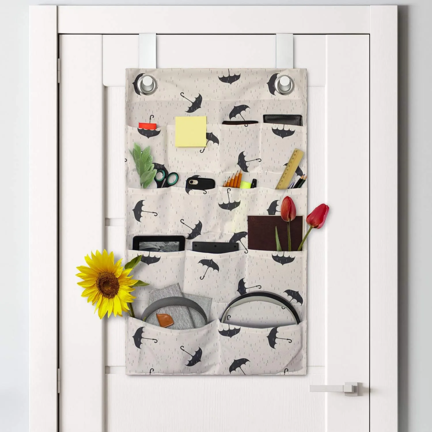 Ambesonne Rain Hanging Pocket Organizer, Scattering Dashed Line Inspired Droplets and Upside Down Aligned Umbrellas, Printed Polyester Storage Bag with Pockets, 21" x 31", Black Grey and Beige