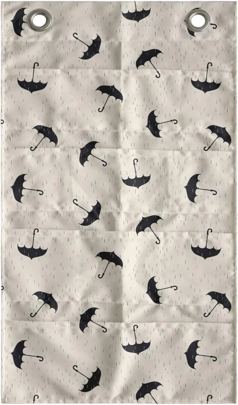 Ambesonne Rain Hanging Pocket Organizer, Scattering Dashed Line Inspired Droplets and Upside Down Aligned Umbrellas, Printed Polyester Storage Bag with Pockets, 21" x 31", Black Grey and Beige