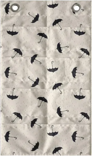 Ambesonne Rain Hanging Pocket Organizer, Scattering Dashed Line Inspired Droplets and Upside Down Aligned Umbrellas, Printed Polyester Storage Bag with Pockets, 21" x 31", Black Grey and Beige