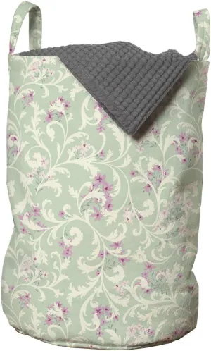 Ambesonne Romantic Laundry Bag, Flourish Vintage Garden of Curlicue Branches and Flora, Hamper Basket with Handles Drawstring Closure for Laundromats, 13" x 19", Sage Green Pale Pink