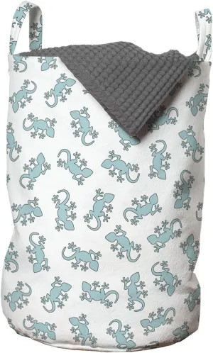 Ambesonne Salamander Laundry Bag, Cartoon Style Continuous Interpretations of Wild Reptiles Repeated, Hamper Basket with Handles Drawstring Closure for Laundromats, 13" x 19", Pale Blue and White