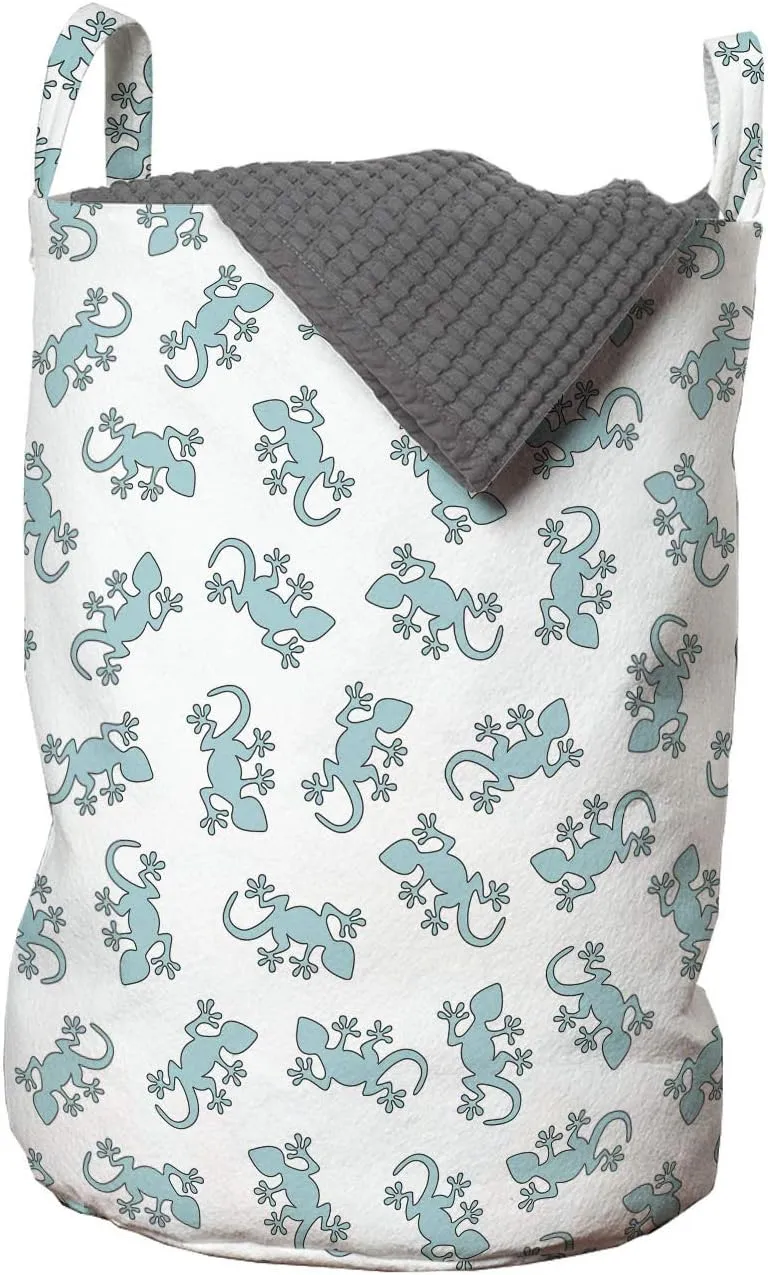 Ambesonne Salamander Laundry Bag, Cartoon Style Continuous Interpretations of Wild Reptiles Repeated, Hamper Basket with Handles Drawstring Closure for Laundromats, 13" x 19", Pale Blue and White