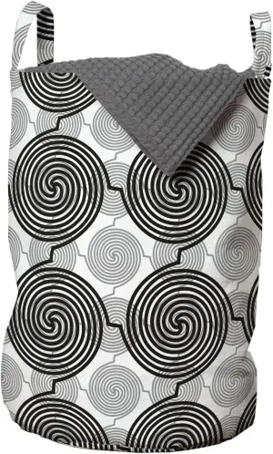 Ambesonne Spiral Laundry Bag, Rhythmic Abstract Connected Motifs Illustration Pattern on Plain Backdrop, Hamper Basket with Handles Drawstring Closure for Laundromats, 13" x 19", White Charcoal Grey