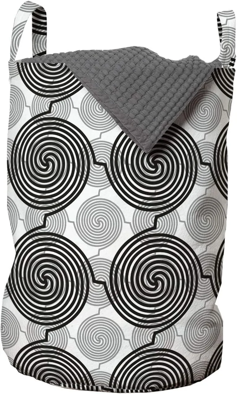 Ambesonne Spiral Laundry Bag, Rhythmic Abstract Connected Motifs Illustration Pattern on Plain Backdrop, Hamper Basket with Handles Drawstring Closure for Laundromats, 13" x 19", White Charcoal Grey