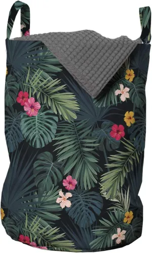 Ambesonne Tropical Laundry Bag, Realistic Rainforest Flora Hibiscus Flowers Monstera Leaves Untouched Paradise, Hamper Basket with Handles Drawstring Closure for Laundromats, 13" x 19", Multicolor