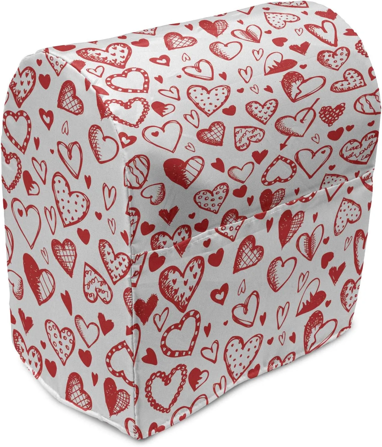 Ambesonne Valentines Stand Mixer Cover, Red and White Pattern with Sketchy Hearts Dots Arrows Romance and Love Theme, Kitchen Appliance Organizer Bag Cover with Pockets, 6-8 Quarts, Scarlet White