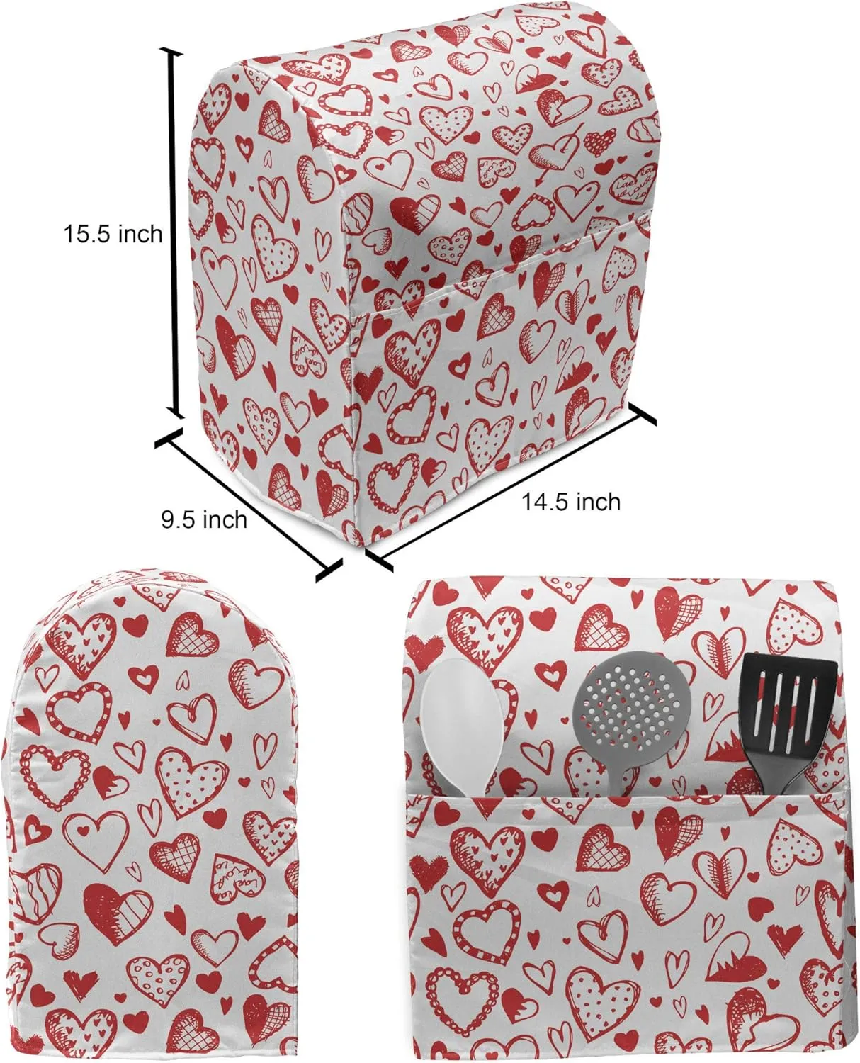 Ambesonne Valentines Stand Mixer Cover, Red and White Pattern with Sketchy Hearts Dots Arrows Romance and Love Theme, Kitchen Appliance Organizer Bag Cover with Pockets, 6-8 Quarts, Scarlet White