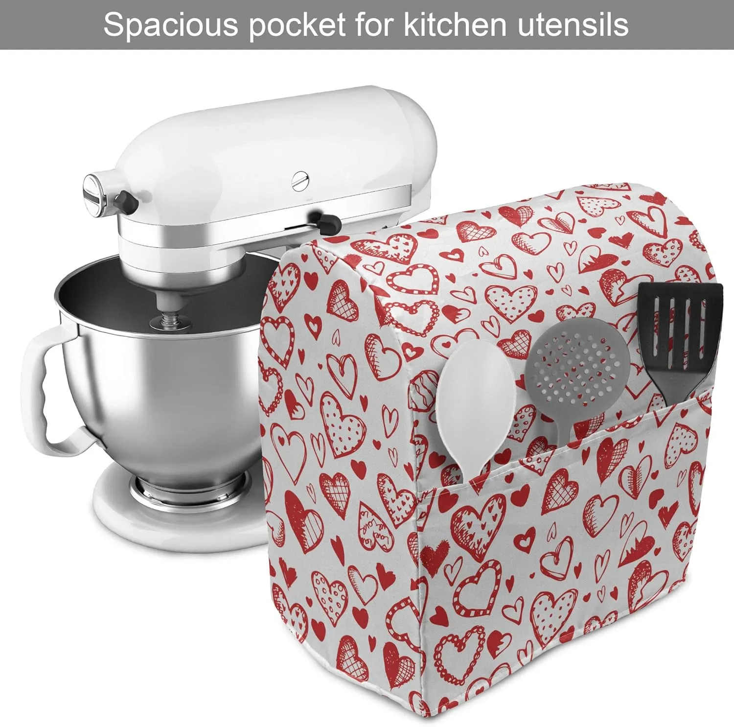 Ambesonne Valentines Stand Mixer Cover, Red and White Pattern with Sketchy Hearts Dots Arrows Romance and Love Theme, Kitchen Appliance Organizer Bag Cover with Pockets, 6-8 Quarts, Scarlet White