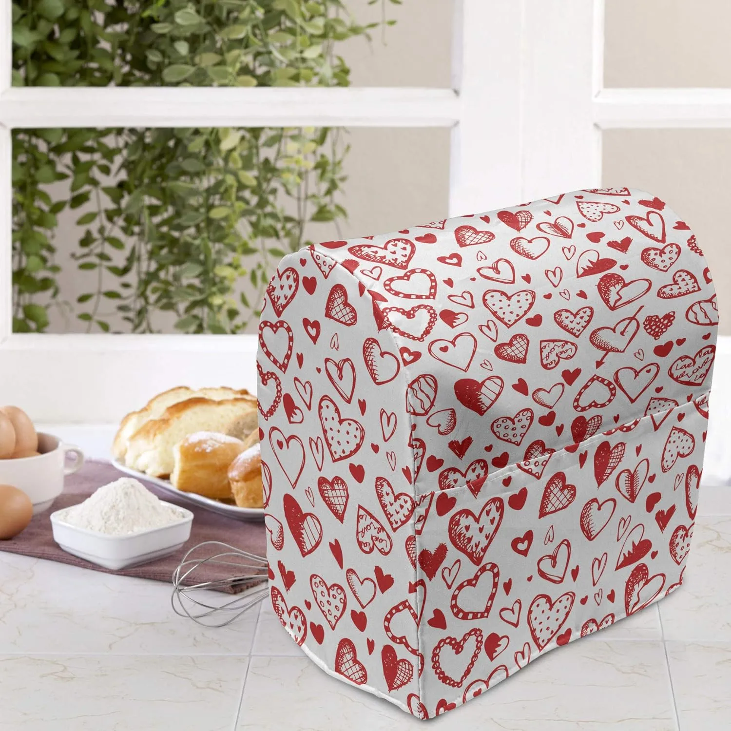 Ambesonne Valentines Stand Mixer Cover, Red and White Pattern with Sketchy Hearts Dots Arrows Romance and Love Theme, Kitchen Appliance Organizer Bag Cover with Pockets, 6-8 Quarts, Scarlet White
