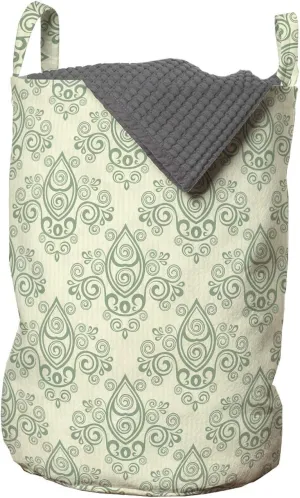 Ambesonne Vintage Laundry Bag, Flourishes Drawn by Hand Floral Details Victorian Inspired Ornaments, Hamper Basket with Handles Drawstring Closure for Laundromats, 13" x 19", Cream and Laurel Green
