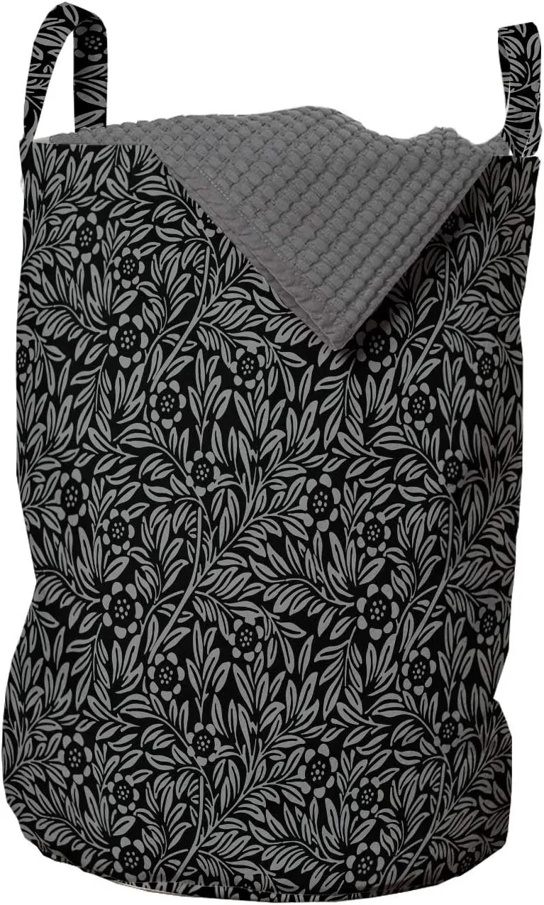 Ambesonne Vintage Laundry Bag, Meadow Blossoms Pattern in Baroque Tones Daisy Rural Flourish Classic Art, Hamper Basket with Handles Drawstring Closure for Laundromats, 13" x 19", Charcoal Grey