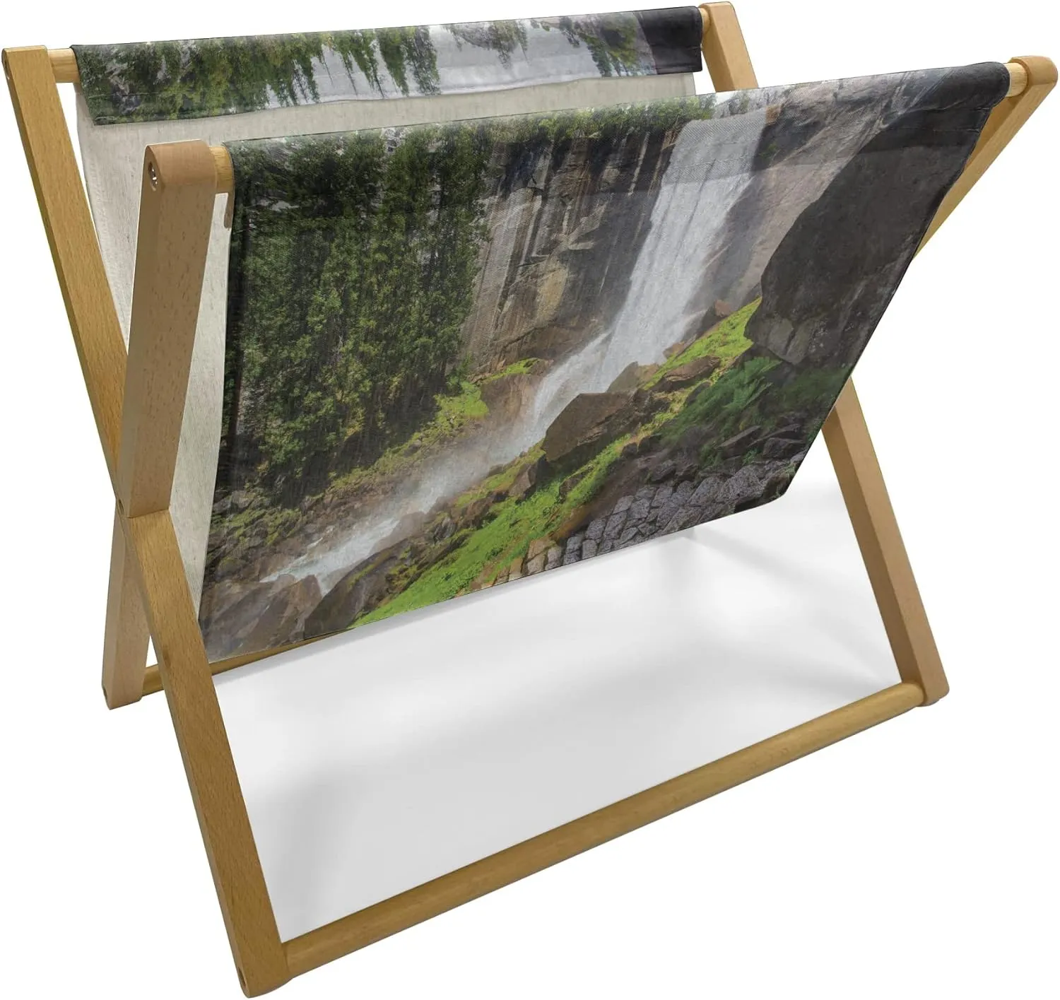 Ambesonne Yosemite Magazine and Book Holder, Vernal Fall Yosemite National Park Alpine Forest Rocks Wild Natural Scenic Photo, Floor Rack Organizer for Office Home and School, 22"x19", White Green