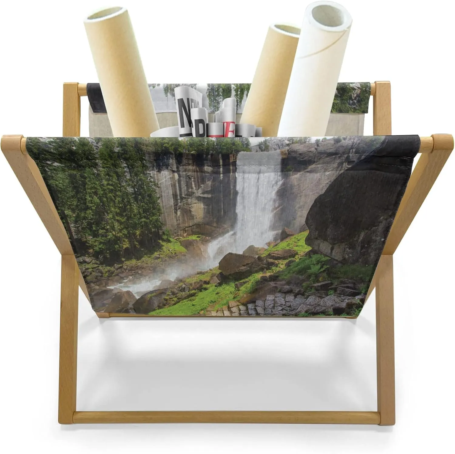 Ambesonne Yosemite Magazine and Book Holder, Vernal Fall Yosemite National Park Alpine Forest Rocks Wild Natural Scenic Photo, Floor Rack Organizer for Office Home and School, 22"x19", White Green