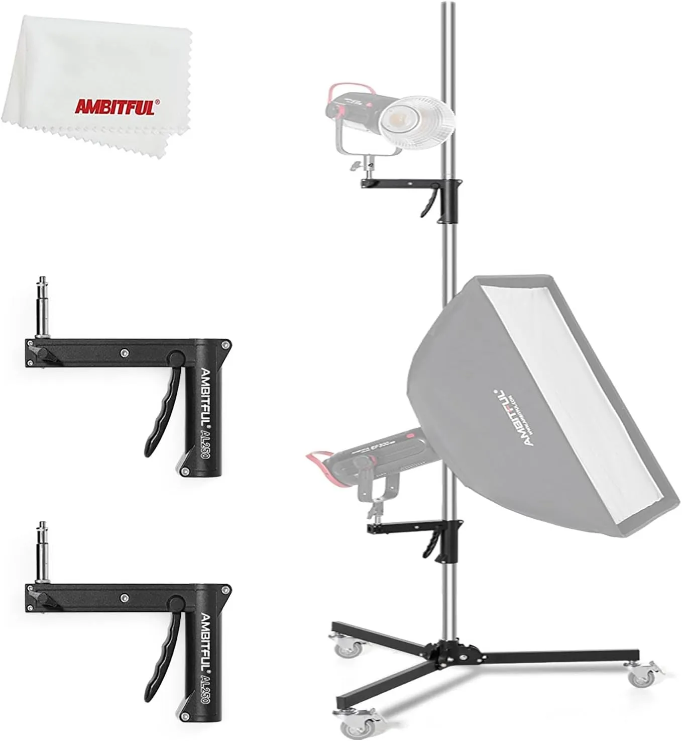 AMBITFUL AL250 Steel Wheeled Mobile Heavy Duty Light Stand for Photography w/Sliding Grip Arm & Chrome-Plated Column Stand, MaxSuitable for Studio Camera, Monolight, Softbox, Umbrella