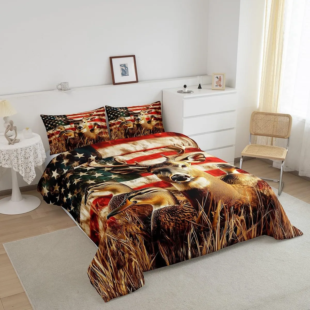 Amercian Flag Queen Bedding Set,Deer Hunting Comforter Set for Boys Teens Kids Rustic Duck Country Cabin Jungle Down Comforetr,Farmhosue Woodland Camouflage Wildlife Animal Bed Set,Red And Blue