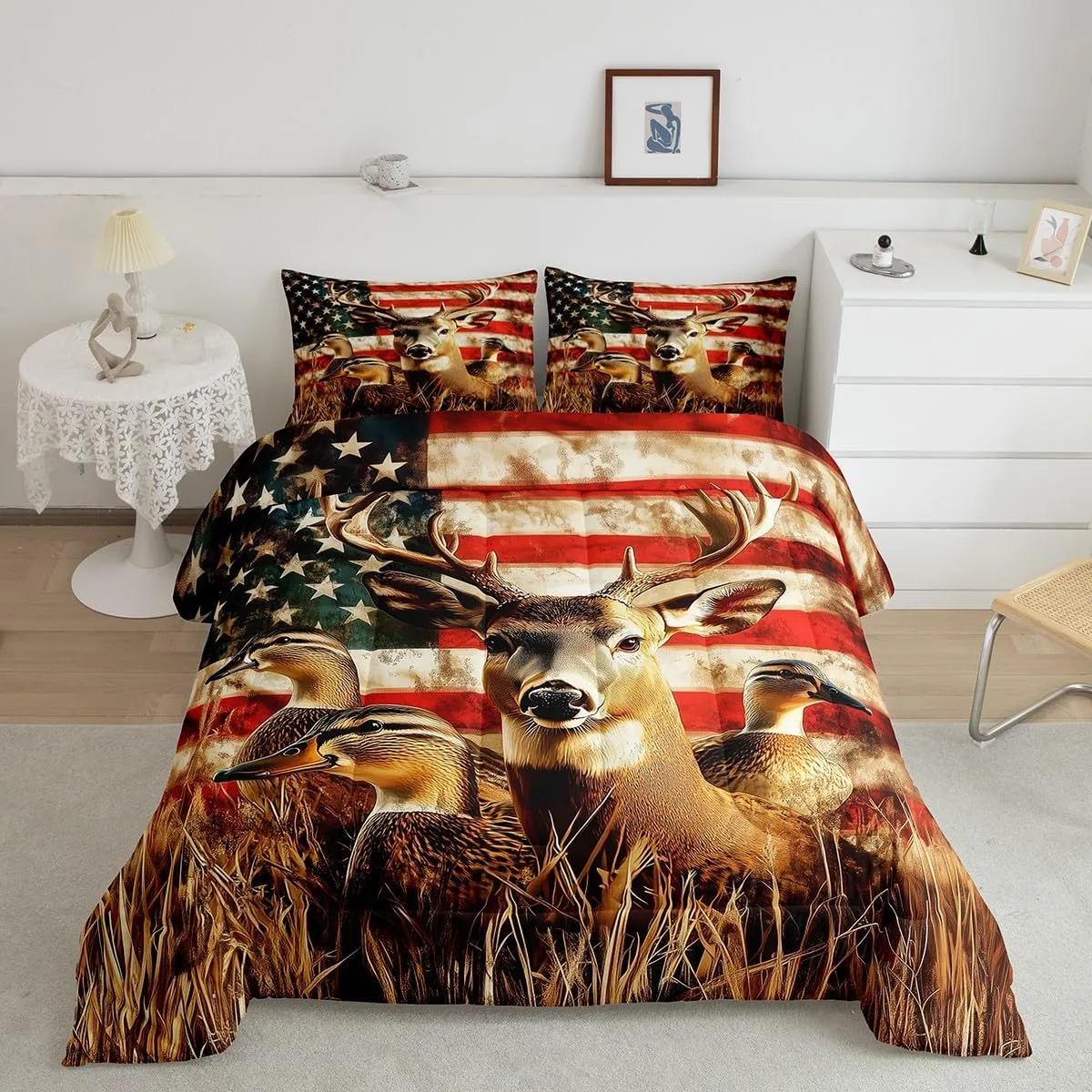 Amercian Flag Queen Bedding Set,Deer Hunting Comforter Set for Boys Teens Kids Rustic Duck Country Cabin Jungle Down Comforetr,Farmhosue Woodland Camouflage Wildlife Animal Bed Set,Red And Blue