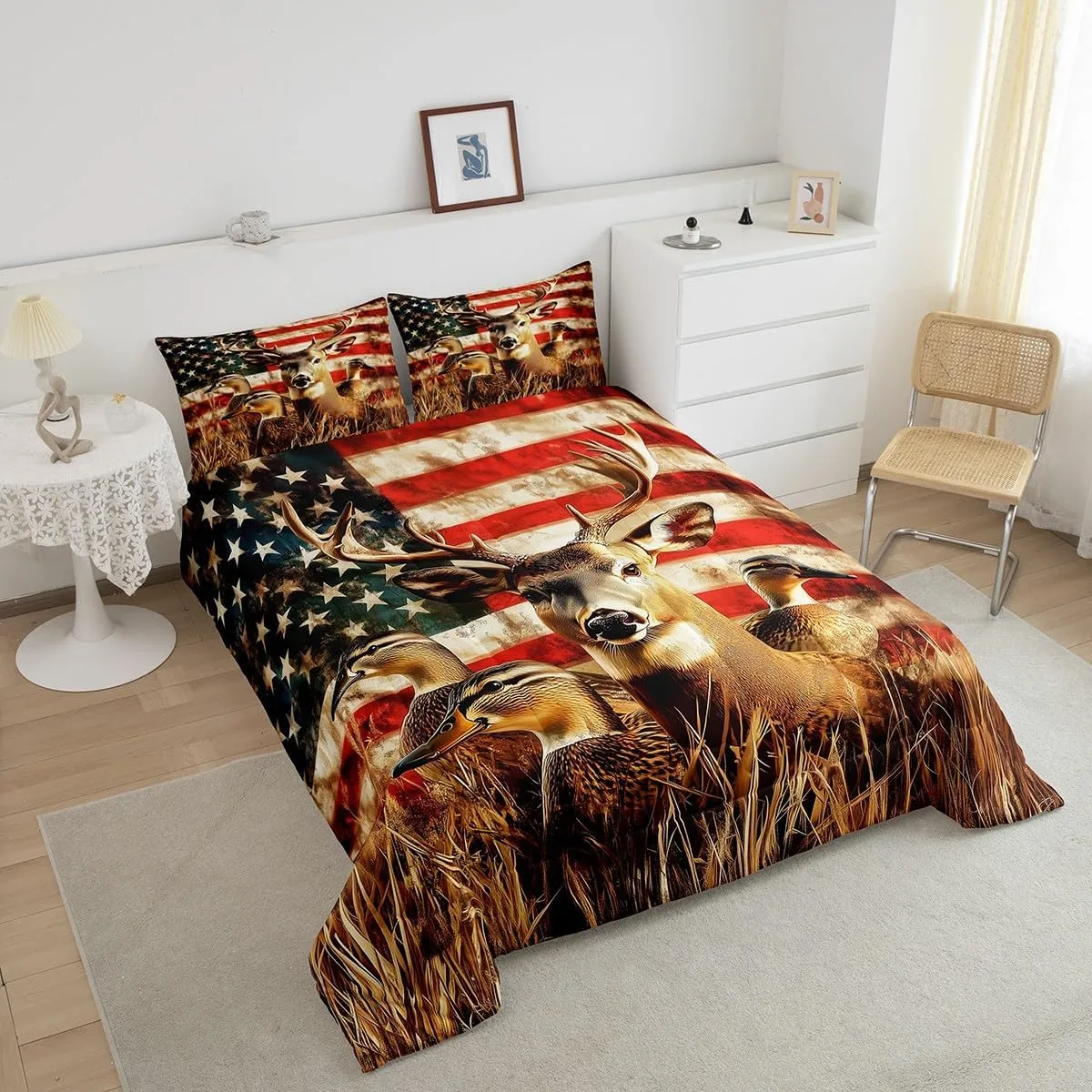 Amercian Flag Queen Bedding Set,Deer Hunting Comforter Set for Boys Teens Kids Rustic Duck Country Cabin Jungle Down Comforetr,Farmhosue Woodland Camouflage Wildlife Animal Bed Set,Red And Blue