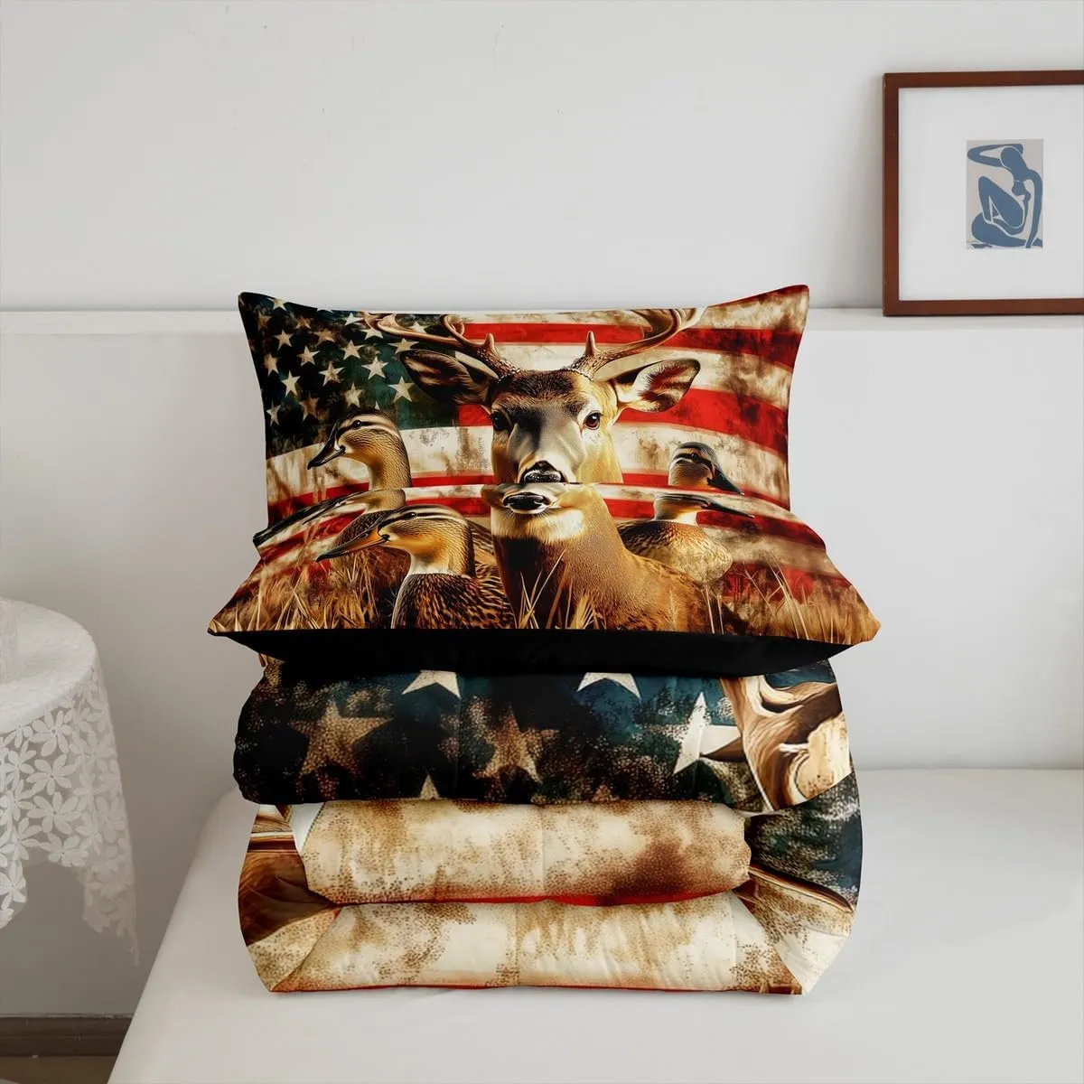 Amercian Flag Queen Bedding Set,Deer Hunting Comforter Set for Boys Teens Kids Rustic Duck Country Cabin Jungle Down Comforetr,Farmhosue Woodland Camouflage Wildlife Animal Bed Set,Red And Blue