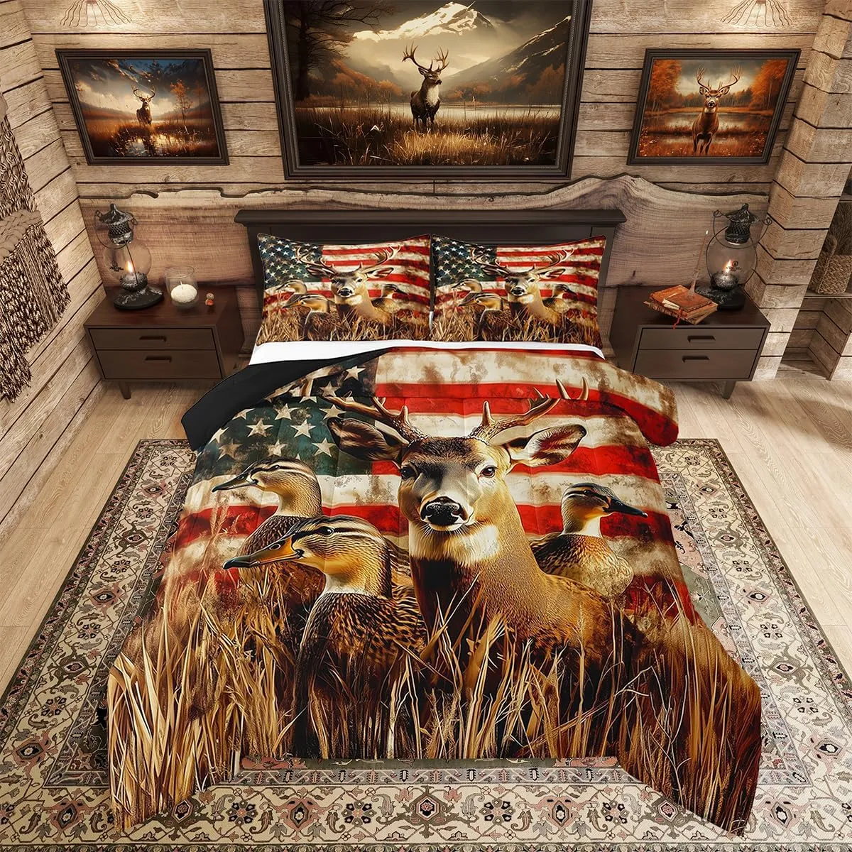 Amercian Flag Queen Bedding Set,Deer Hunting Comforter Set for Boys Teens Kids Rustic Duck Country Cabin Jungle Down Comforetr,Farmhosue Woodland Camouflage Wildlife Animal Bed Set,Red And Blue