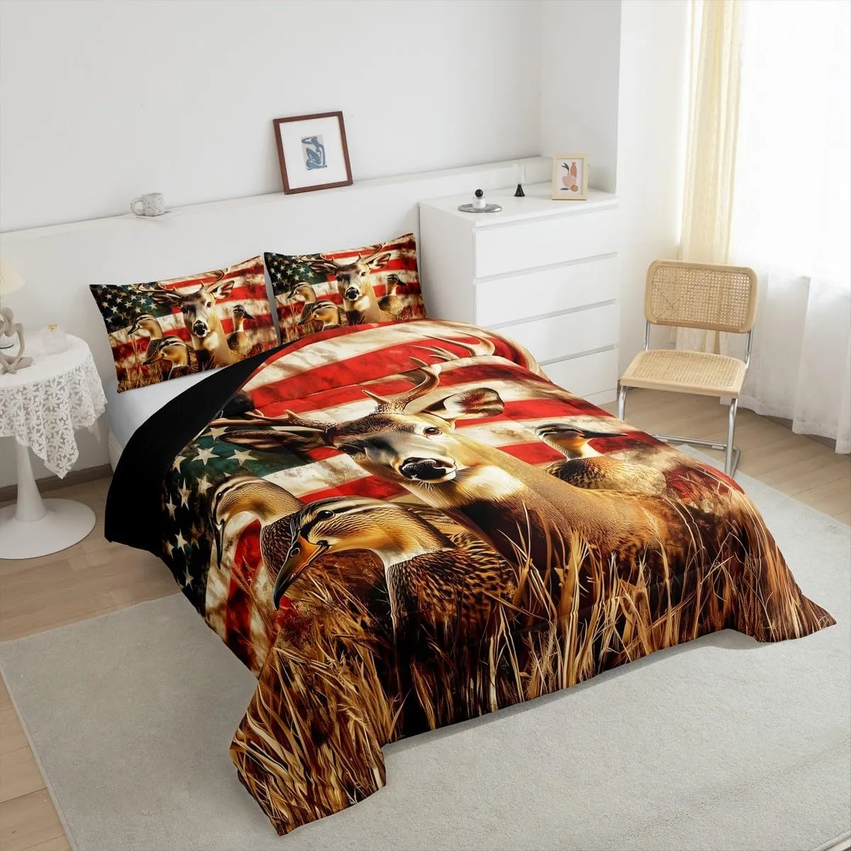 Amercian Flag Queen Bedding Set,Deer Hunting Comforter Set for Boys Teens Kids Rustic Duck Country Cabin Jungle Down Comforetr,Farmhosue Woodland Camouflage Wildlife Animal Bed Set,Red And Blue