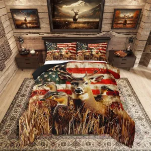 Amercian Flag Queen Bedding Set,Deer Hunting Comforter Set for Boys Teens Kids Rustic Duck Country Cabin Jungle Down Comforetr,Farmhosue Woodland Camouflage Wildlife Animal Bed Set,Red And Blue