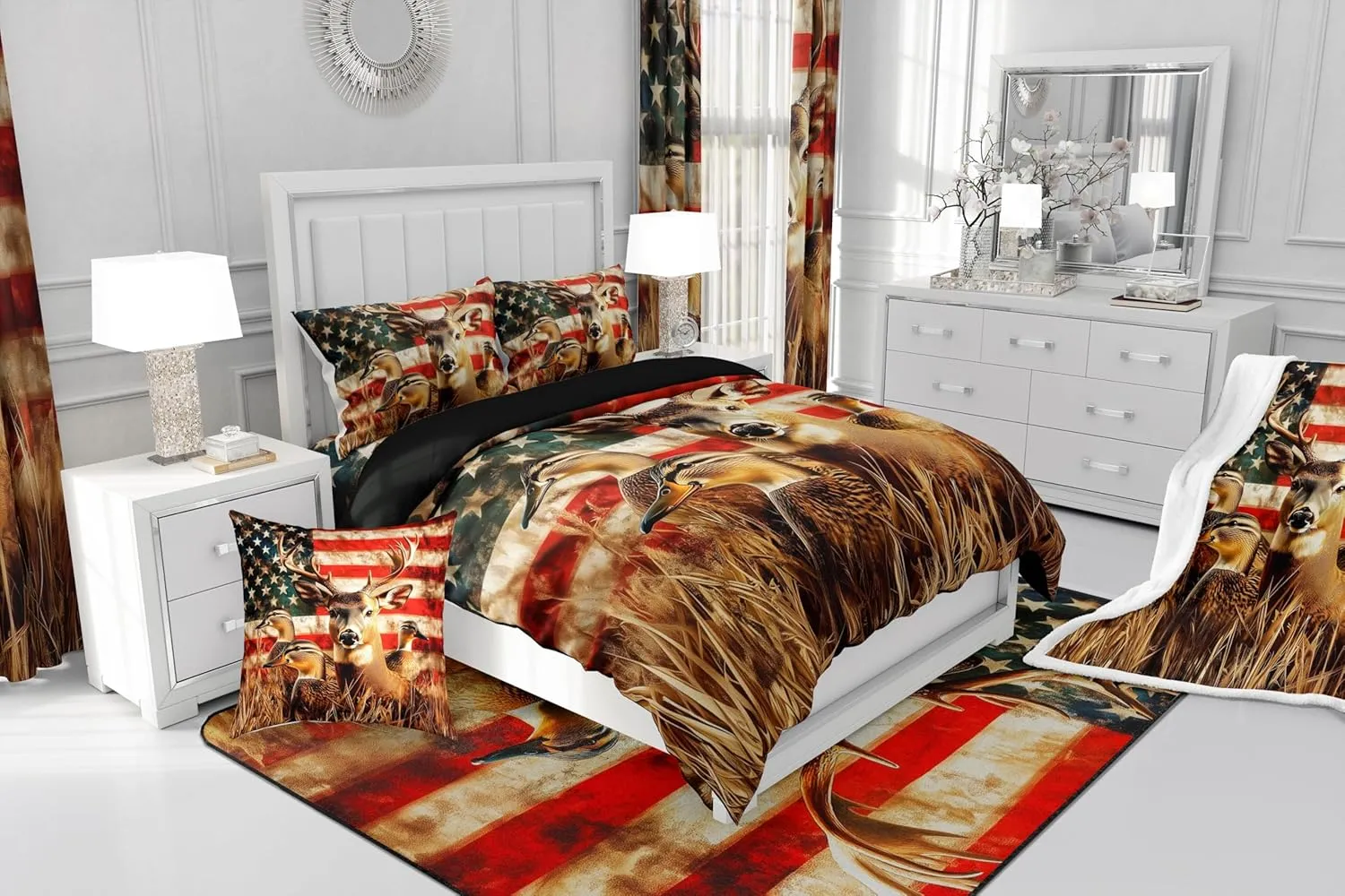 Amercian Flag Queen Bedding Set,Deer Hunting Comforter Set for Boys Teens Kids Rustic Duck Country Cabin Jungle Down Comforetr,Farmhosue Woodland Camouflage Wildlife Animal Bed Set,Red And Blue