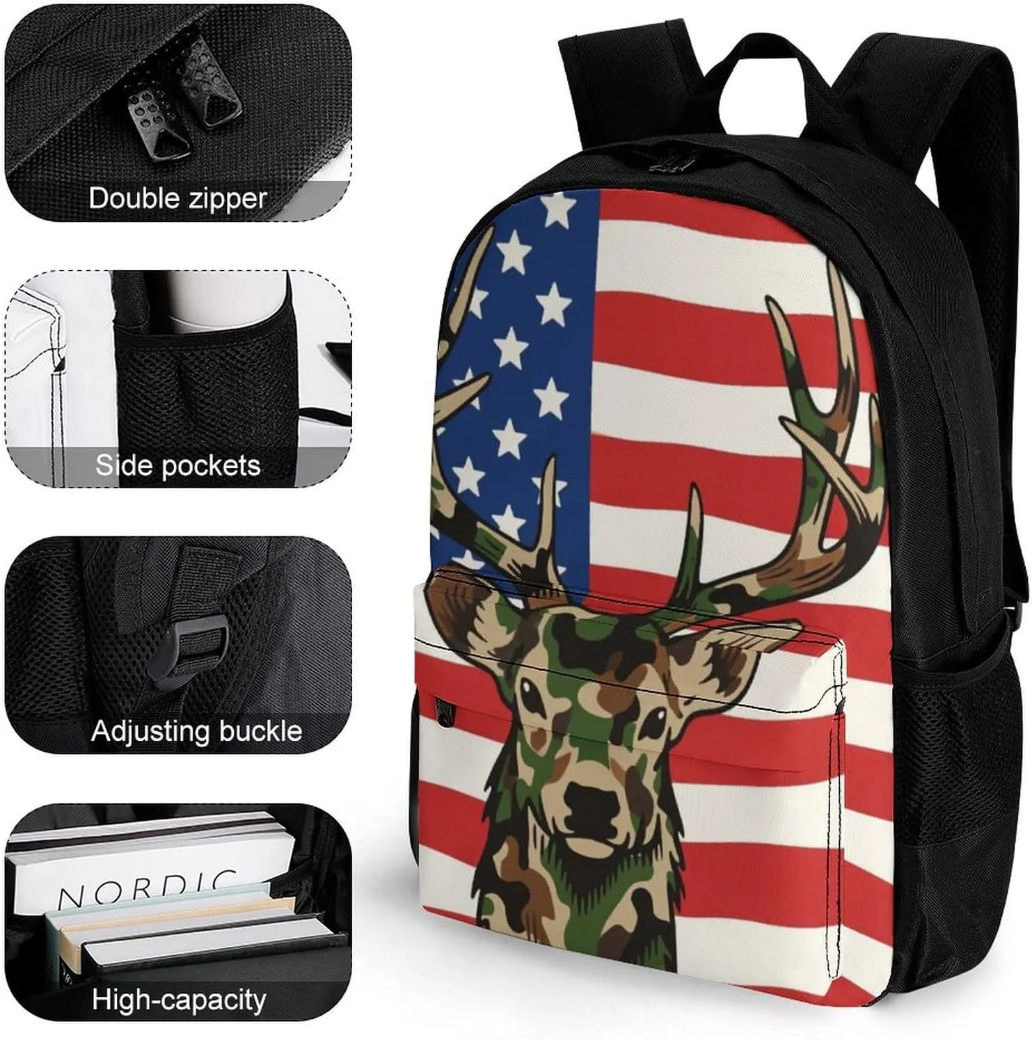 American Flag Camo Deer Camouflage Art Rucksacks Lightweight Multipurpose Anti-Theft Shoulder Bag Big Capacity Traveling & Camping Backpack With Side Pockets