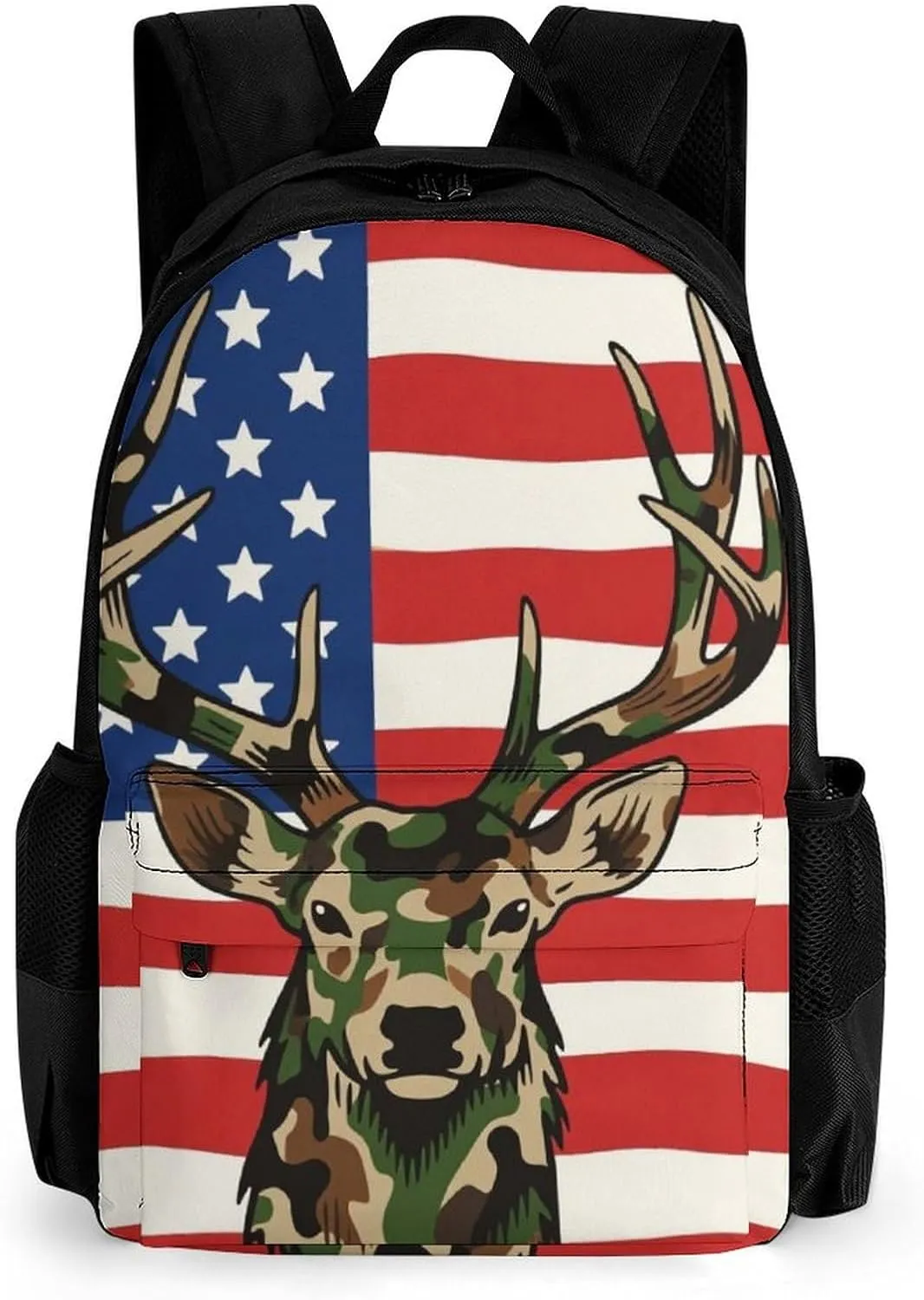 American Flag Camo Deer Camouflage Art Rucksacks Lightweight Multipurpose Anti-Theft Shoulder Bag Big Capacity Traveling & Camping Backpack With Side Pockets