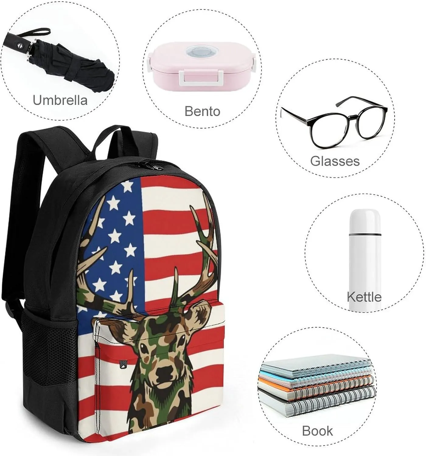 American Flag Camo Deer Camouflage Art Rucksacks Lightweight Multipurpose Anti-Theft Shoulder Bag Big Capacity Traveling & Camping Backpack With Side Pockets