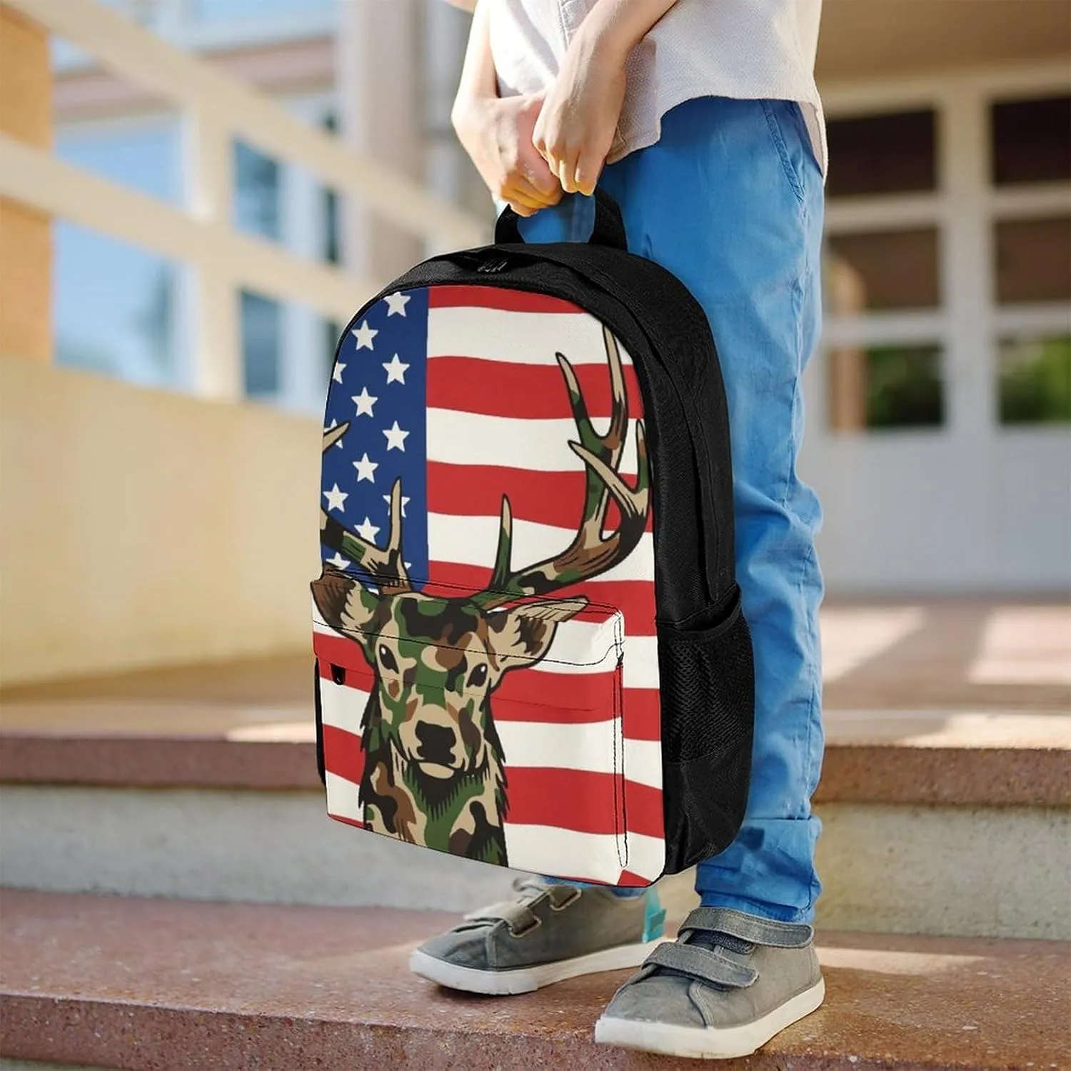 American Flag Camo Deer Camouflage Art Rucksacks Lightweight Multipurpose Anti-Theft Shoulder Bag Big Capacity Traveling & Camping Backpack With Side Pockets