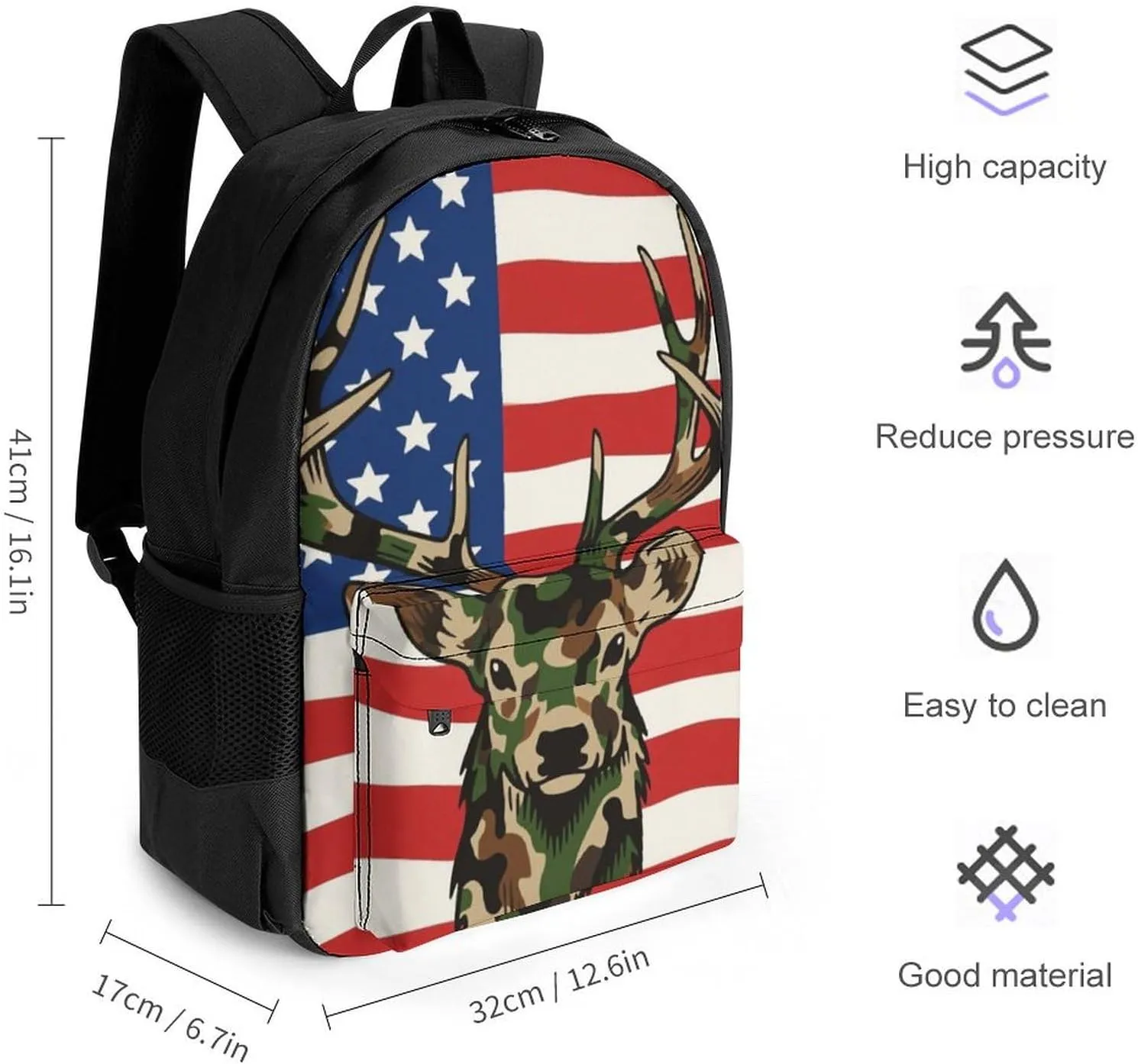 American Flag Camo Deer Camouflage Art Rucksacks Lightweight Multipurpose Anti-Theft Shoulder Bag Big Capacity Traveling & Camping Backpack With Side Pockets