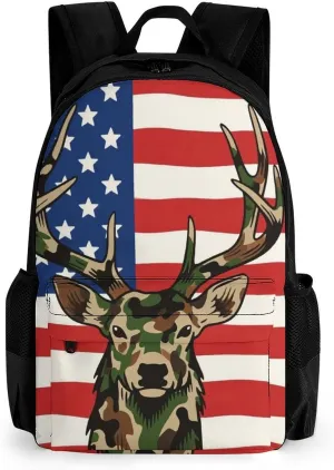 American Flag Camo Deer Camouflage Art Rucksacks Lightweight Multipurpose Anti-Theft Shoulder Bag Big Capacity Traveling & Camping Backpack With Side Pockets
