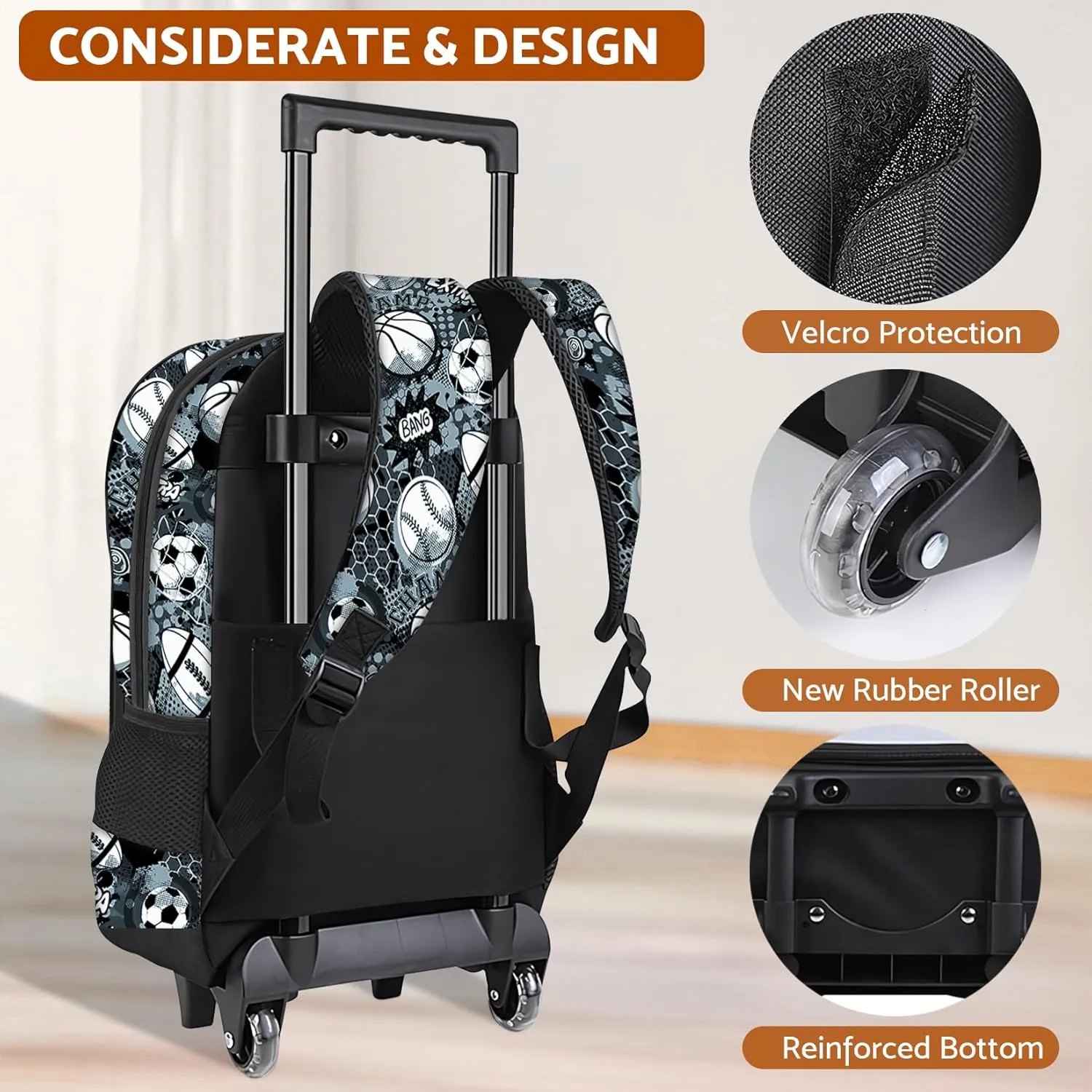 American Football Rolling Backpack for Boys - 3PCS Boys Rolling Backpack with Lunch Box Set for Kids Children Teens Elementary Middle School,Sport Roller Bookbag with Wheels for Age 6-18