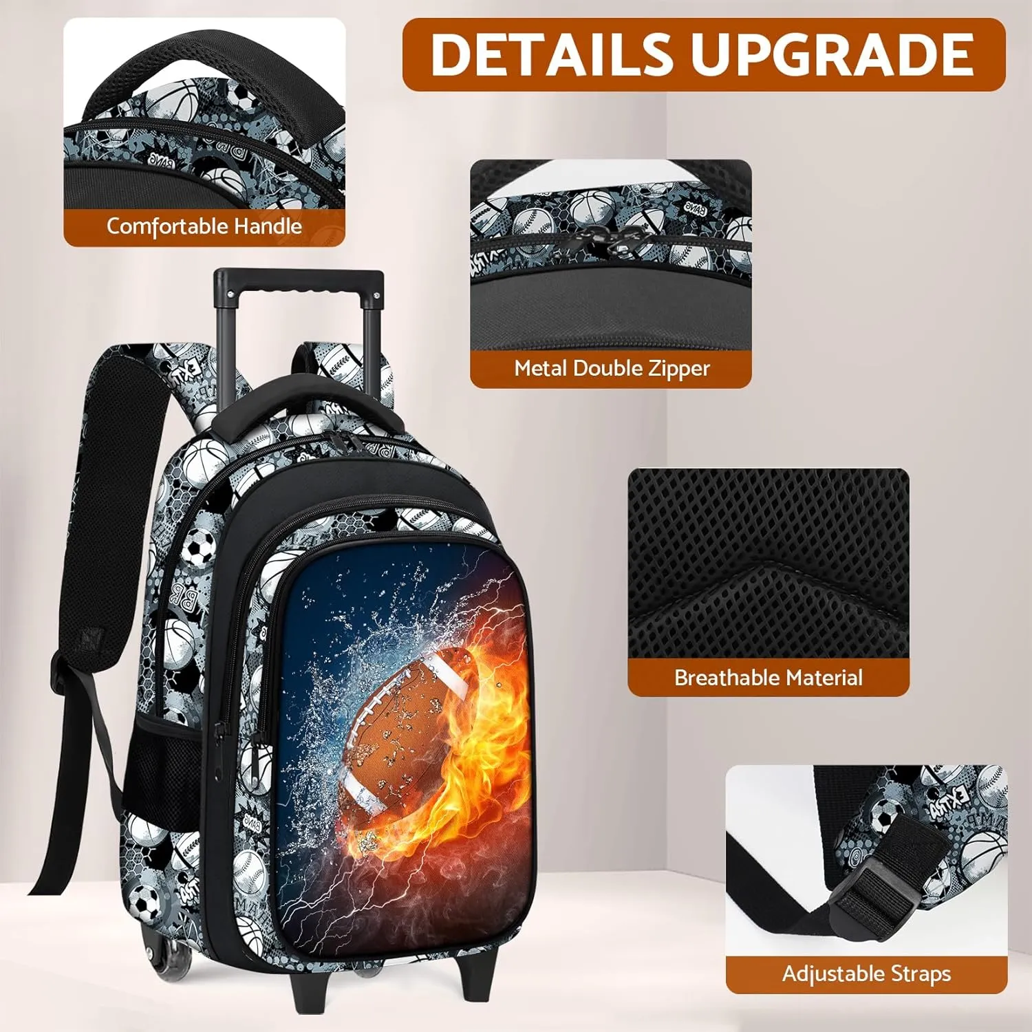 American Football Rolling Backpack for Boys - 3PCS Boys Rolling Backpack with Lunch Box Set for Kids Children Teens Elementary Middle School,Sport Roller Bookbag with Wheels for Age 6-18
