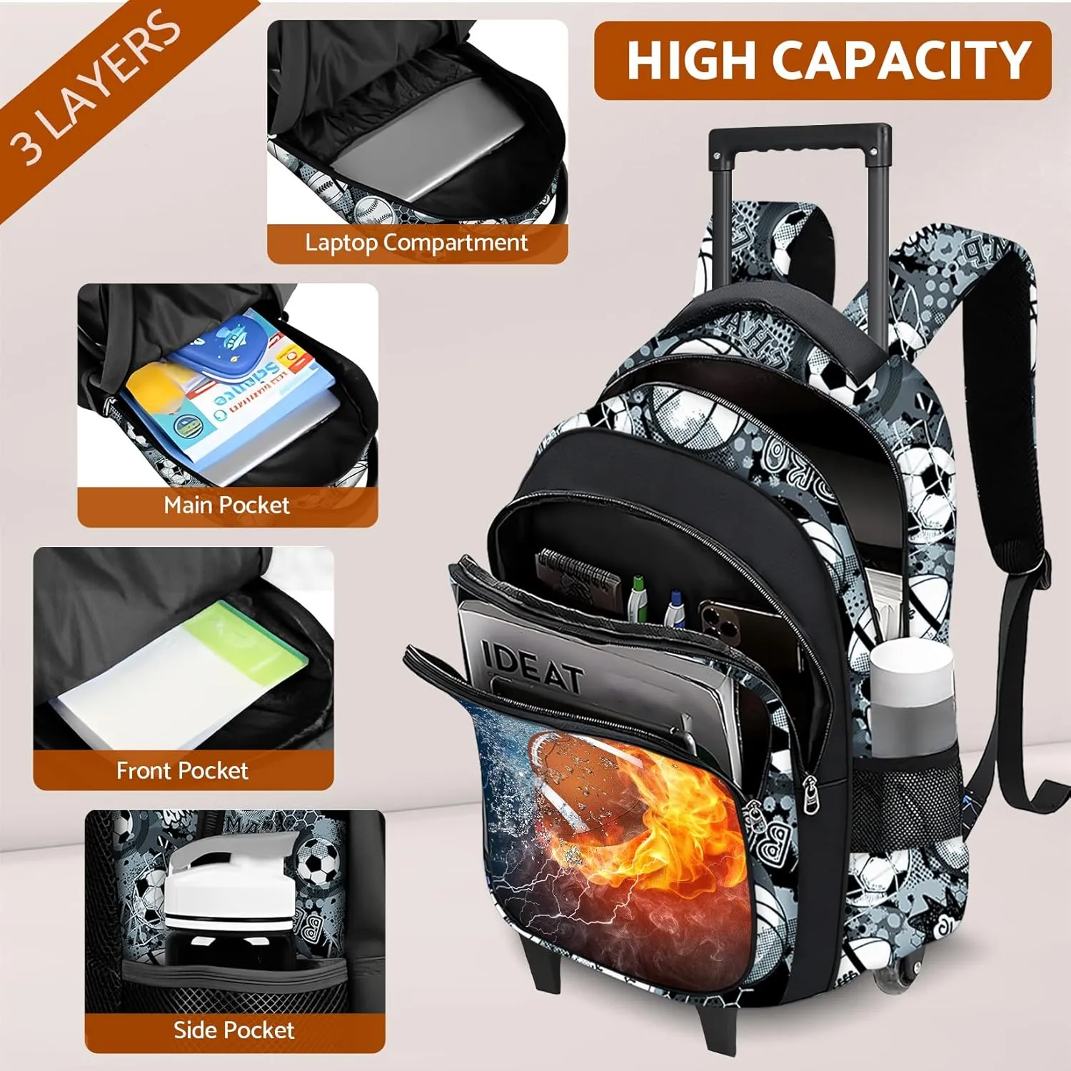 American Football Rolling Backpack for Boys - 3PCS Boys Rolling Backpack with Lunch Box Set for Kids Children Teens Elementary Middle School,Sport Roller Bookbag with Wheels for Age 6-18